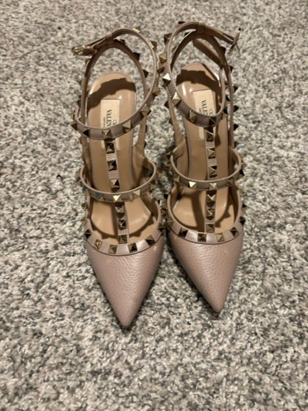 Valentino Rockstud Pointed T-Strap Pumps in Beige